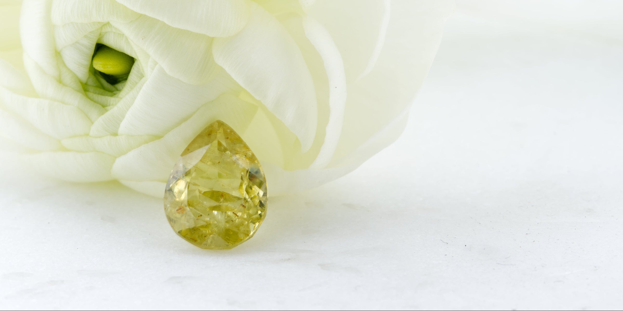 White flower with a green gem on a white background
